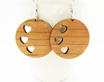 Wood Earrings - Circle Three Hearts Earrings, Wooden Earring, Lightweight Earring, Laser Cut, Valentine's Day Earrings