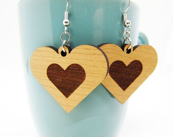 Engraved Heart Wooden Earrings – Laser Cut, Lightweight