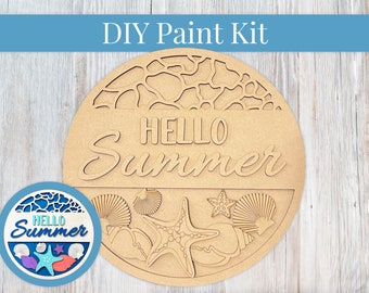 DIY Paint Kit - Hello Summer Seashells Sign, Wood Sign, Unfinished DIY Wood Kit Craft Kit, DIY Blanks, Home Decor, Door Hanger