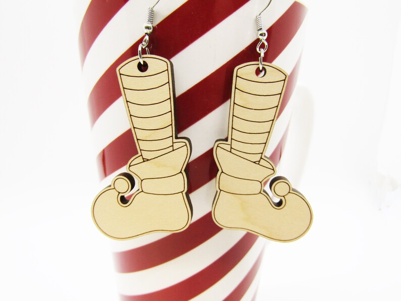 Lightweight Earring Christmas Elf Shoes Elf Earrings Christmas Earrings Wood Earrings Laser Cut Wooden Earring