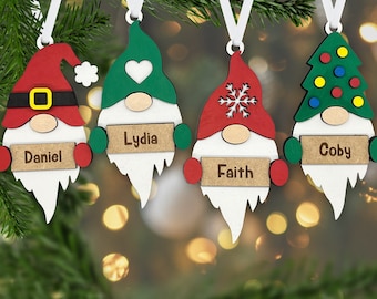 Gnome Ornament - Christmas Gnome Hat Ornament 3, Wood Ornament, Santa, Heart, Snowflake, Christmas Tree, Engraved Wooden Christmas Ornament