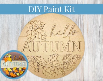 DIY Paint Kit - Hello Autumn Leaves Sign, Wood Sign, Unfinished DIY Wood Kit Craft Kit, DIY Blanks, Home Decor, Door Hanger