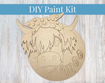 DIY Paint Kit - Highland Cow Moo Sign, Wood Sign, Unfinished DIY Wood Kit Craft Kit, DIY Blanks, Home Decor, Door Hanger