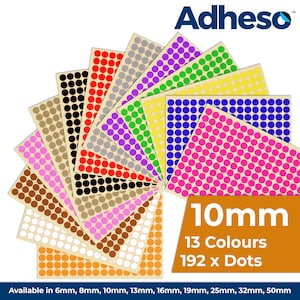 May include: Assortment of 13 colours of 10mm round adhesive dots, each sheet containing 192 dots. Available in sizes 6mm, 8mm, 10mm, 13mm, 16mm, 19mm, 25mm, 32mm, and 50mm.