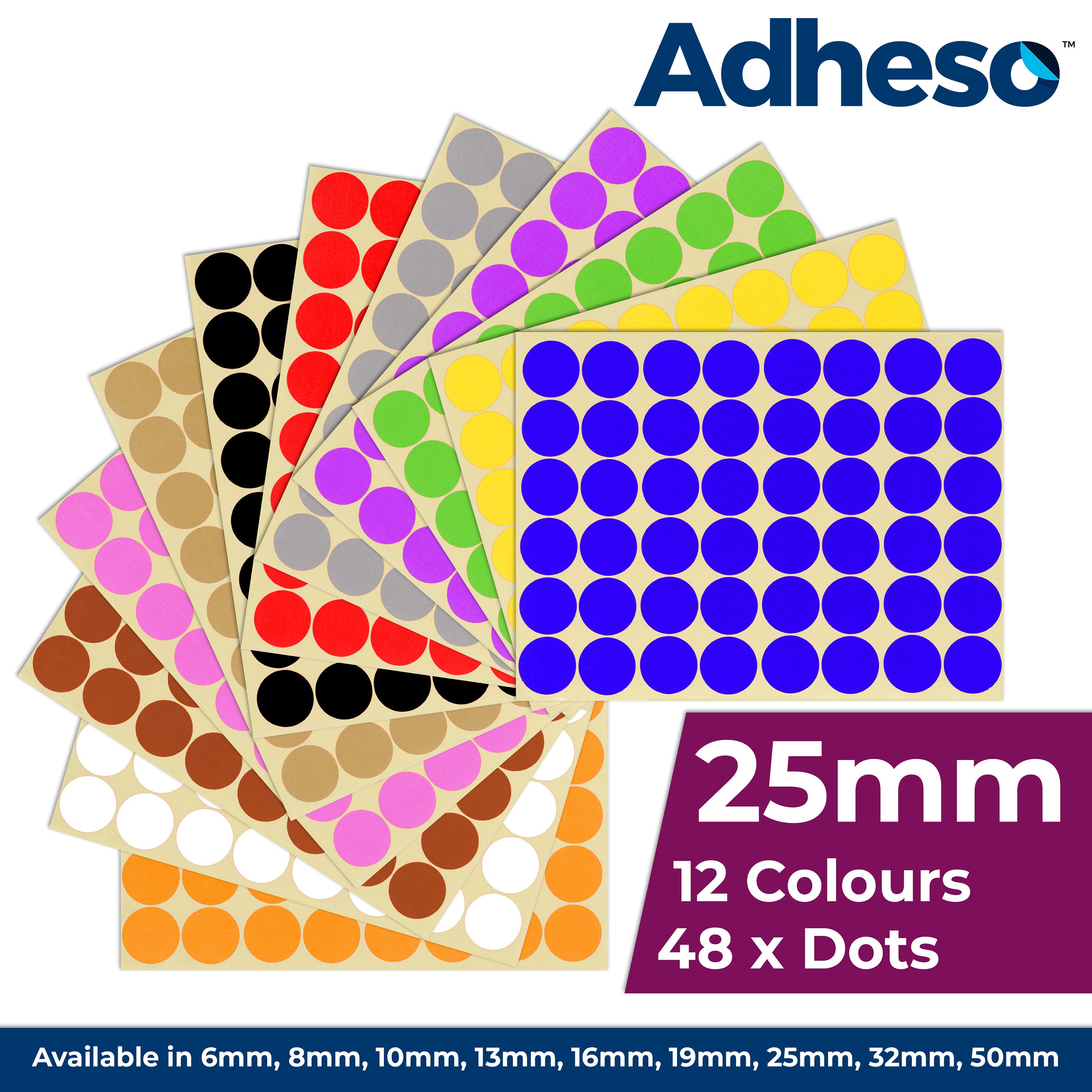 Adheso ANY SIZE Coloured Dot Stickers Round Sticky Dots Adhesive Circles Labels 