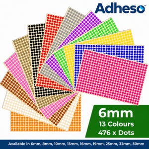 May include: A collection of adhesive sticker sheets featuring 13 different colours of 6mm circular dots. The brand name Adheso is printed at the top, and the text 6mm, 13 Colours, 476 x Dots is displayed on a green background at the bottom.
