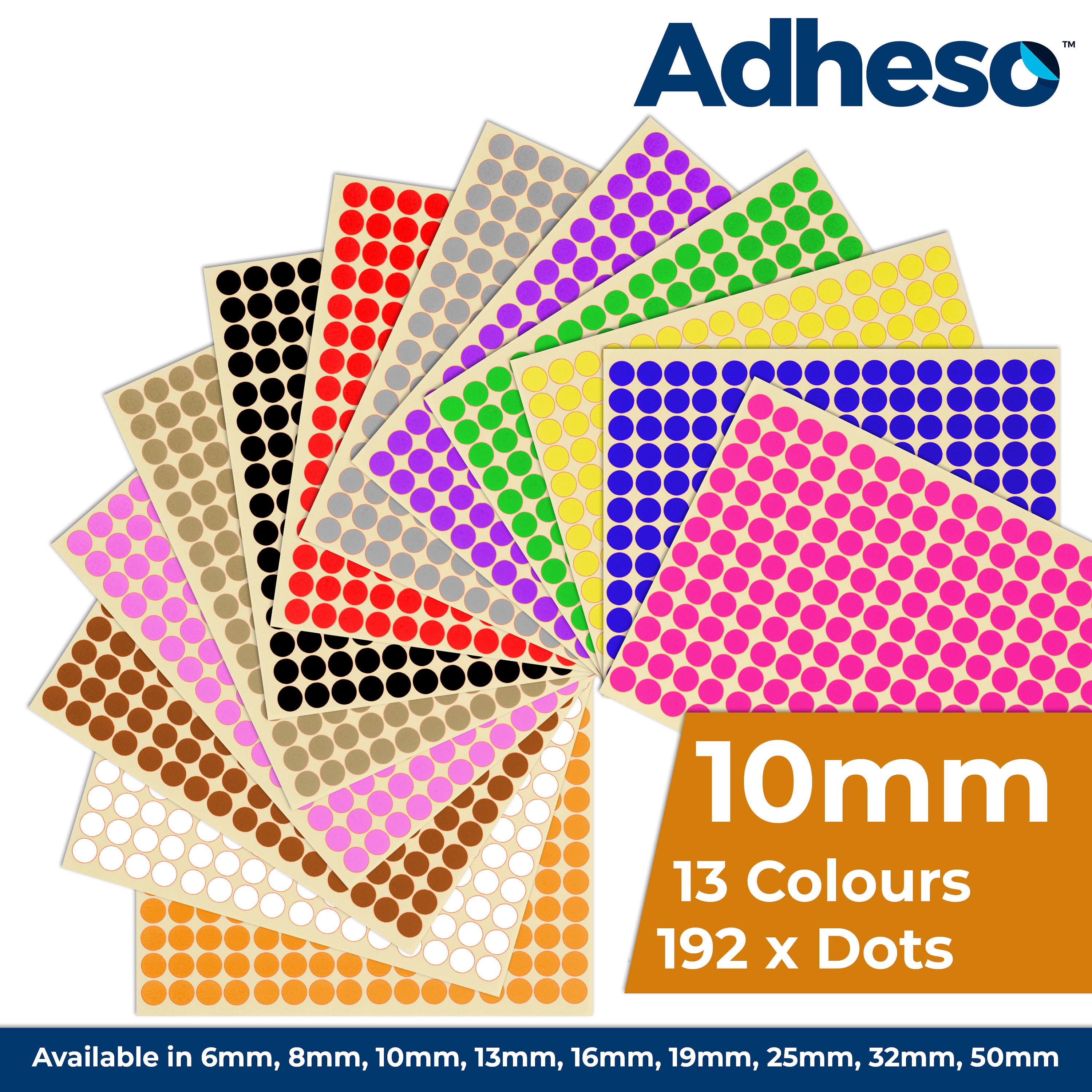 Adheso 10mm Colour Coding Dot Stickers. 192 Dots. 13 Colours, Wall