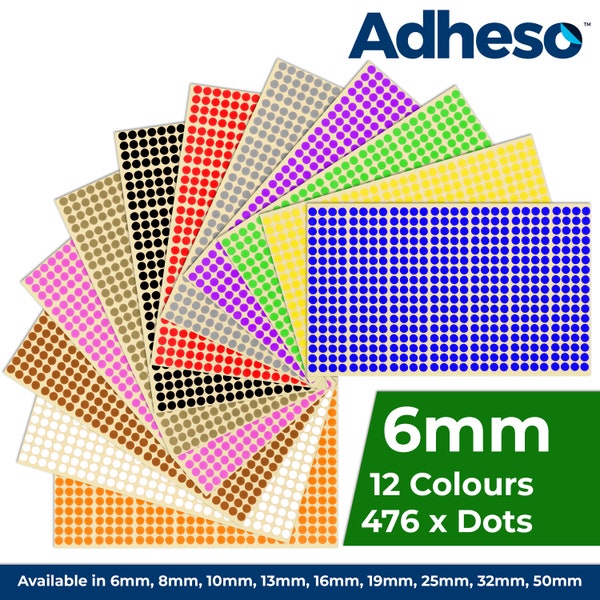 Adheso 6mm 1/4 Inch Colour Coding Dot Stickers. 476 Dots. 12 Colours, Wall Planner, Colour Coding, Diary, Filofax 0.6cm Sticky Dots