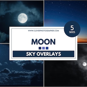Op de afbeelding: Vijf verschillende nachtelijke hemelbeelden met een volle maan in elk. De afbeeldingen zijn gelabeld met "Moon Sky Overlays" en "5 Skies".