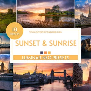 Puede incluir: Un collage de 10 ajustes preestablecidos de puesta de sol y salida del sol para Luminar Neo. Los ajustes preestablecidos est&aacute;n dise&ntilde;ados para mejorar los colores y el ambiente de tus fotos.  www.cleverphotographer.com