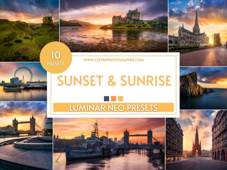 Puede incluir: Un collage de 10 ajustes preestablecidos de puesta de sol y salida del sol para Luminar Neo. Los ajustes preestablecidos est&aacute;n dise&ntilde;ados para mejorar los colores y el ambiente de tus fotos.  www.cleverphotographer.com