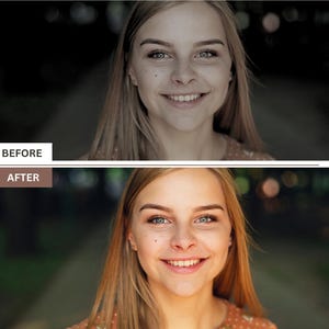 Op de afbeelding: Voor- en na-beeld van een vrouw met lang blond haar die lacht. De voor-afbeelding is donkerder en de na-afbeelding is helderder en levendiger.