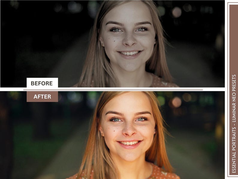 Op de afbeelding: Voor- en na-beeld van een vrouw met lang blond haar die lacht. De voor-afbeelding is donkerder en de na-afbeelding is helderder en levendiger.