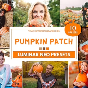Peut inclure: Un collage d'images mettant en scène des personnes dans un champ de citrouilles. Les images incluent des citrouilles, des balles de foin et le texte "PUMPKIN PATCH LUMINAR NEO PRESETS" avec l'adresse du site web. Les images sont dans une palette de couleurs chaudes et automnales.