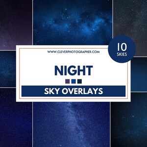 Op de afbeelding: Tien nachthemel-overlays met verschillende sterrenhemels in tinten blauw en paars. De tekst "NIGHT SKY OVERLAYS" wordt weergegeven in een witte rechthoek met een blauwe rand.
