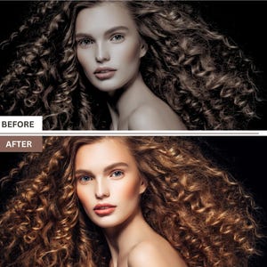 Op de afbeelding: Een voor- en na-afbeelding die het effect laat zien van een fotobewerkingspreset op een vrouw met lang, krullend haar. De voor-afbeelding toont de vrouw met een bleke huidskleur en haar haar is donkerbruin. De na-afbeelding toont de vrouw met een warmere huidskleur en haar haar is lichtbruin.