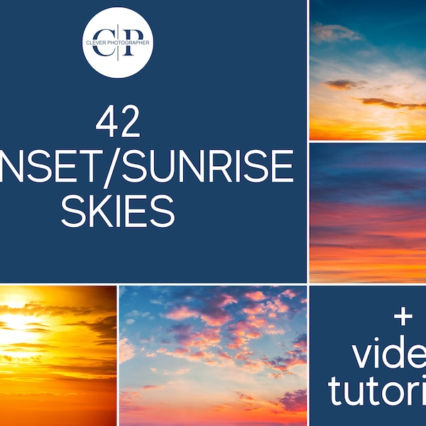 42 Sunset Sunrise Sky Textures & Overlays | Photoshop Overlays | Sky Replacements | Photography Backdrops | Video Tutorials