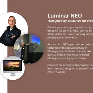 Op de afbeelding: Een man spreekt voor een scherm met de tekst "Luminar NEO" en de tagline "Designed by creatives for creatives". De tekst beschrijft het product als een fotografie-software ontworpen door Skylum Ambassador en de bekroonde landschapsfotograaf Jakub Bors.