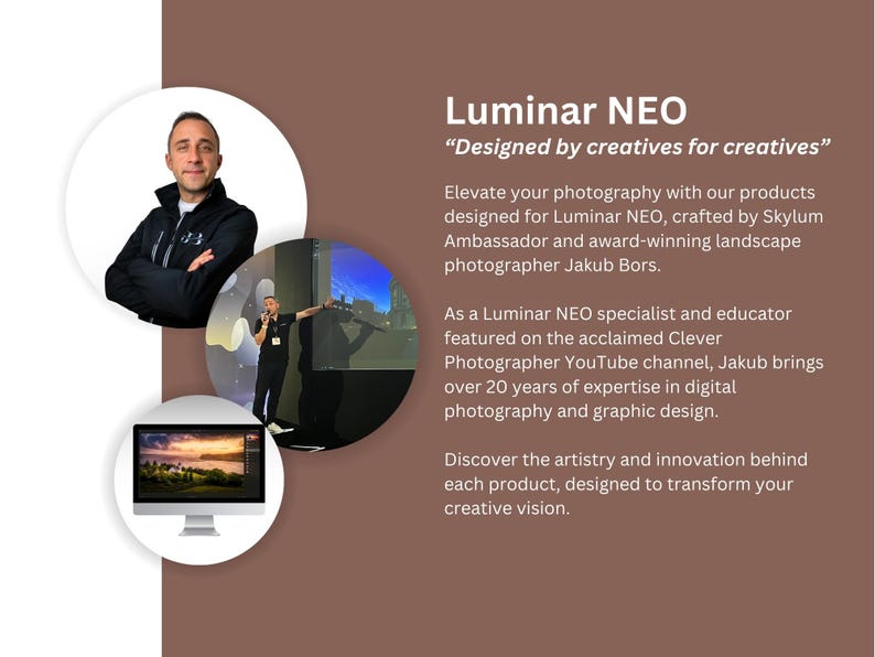 Op de afbeelding: Een man spreekt voor een scherm met de tekst "Luminar NEO" en de tagline "Designed by creatives for creatives". De tekst beschrijft het product als een fotografie-software ontworpen door Skylum Ambassador en de bekroonde landschapsfotograaf Jakub Bors.