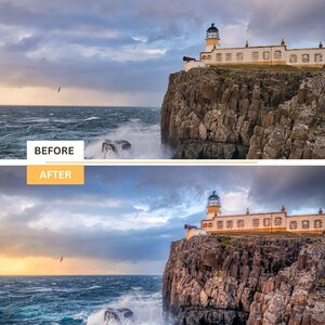 Puede incluir: Una imagen de antes y despu&eacute;s que muestra un faro en un acantilado rocoso con vistas a un mar tormentoso. La imagen de la izquierda muestra la imagen original, mientras que la imagen de la derecha muestra la imagen despu&eacute;s de haber sido editada con un preset. El preset agrega un brillo dorado c&aacute;lido al cielo y hace que los colores sean m&aacute;s vibrantes.