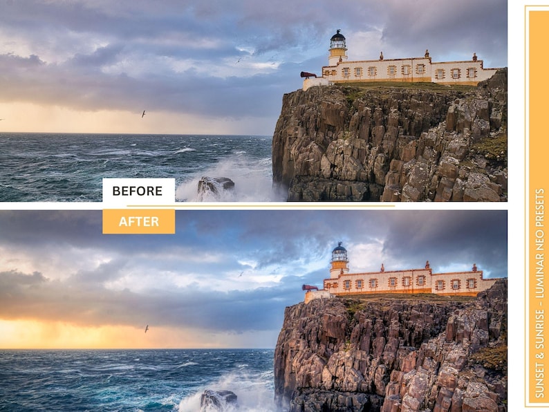 Puede incluir: Una imagen de antes y despu&eacute;s que muestra un faro en un acantilado rocoso con vistas a un mar tormentoso. La imagen de la izquierda muestra la imagen original, mientras que la imagen de la derecha muestra la imagen despu&eacute;s de haber sido editada con un preset. El preset agrega un brillo dorado c&aacute;lido al cielo y hace que los colores sean m&aacute;s vibrantes.