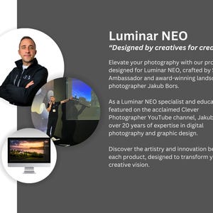 May include: Image promoting Luminar NEO software, featuring a man in a black jacket, a presenter, and a computer screen displaying a landscape photo. Text reads "Designed by creatives for creatives."
