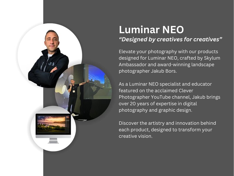 May include: Image promoting Luminar NEO software, featuring a man in a black jacket, a presenter, and a computer screen displaying a landscape photo. Text reads "Designed by creatives for creatives."