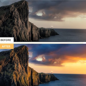 Puede incluir: Imagen antes y despu&eacute;s que muestra una espectacular puesta de sol sobre un acantilado rocoso con un faro en la distancia. La imagen de la izquierda es una versi&oacute;n m&aacute;s oscura y apagada de la imagen de la derecha, que se ha mejorado con un ajuste preestablecido de puesta de sol.