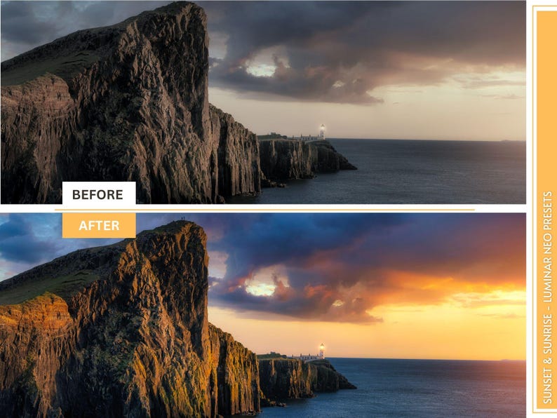 Puede incluir: Imagen antes y despu&eacute;s que muestra una espectacular puesta de sol sobre un acantilado rocoso con un faro en la distancia. La imagen de la izquierda es una versi&oacute;n m&aacute;s oscura y apagada de la imagen de la derecha, que se ha mejorado con un ajuste preestablecido de puesta de sol.