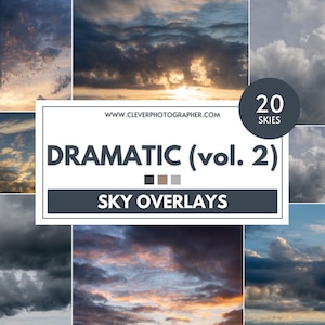 May include: A collage of 20 dramatic sky overlays for photo editing. The images feature a variety of clouds, from fluffy white clouds to dark storm clouds, with some featuring a sunset or sunrise.