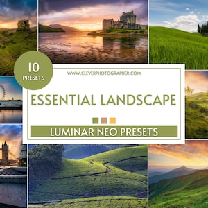 May include: A collage of 10 landscape photography presets for Luminar Neo. The presets are designed to enhance the colours and contrast of landscape photos. The collage includes images of a castle, a field of grass, a river, a forest, and a mountain range.