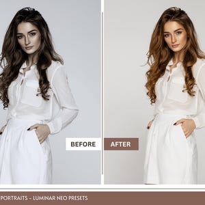 Op de afbeelding: Voor- en nafoto van een vrouw die een wit blouse en rok draagt. De foto van ervoor toont de vrouw met een meer natuurlijke look, terwijl de foto van daarna de vrouw met een meer gepolijste look toont. De foto is een demonstratie van een fotobewerkingspreset.