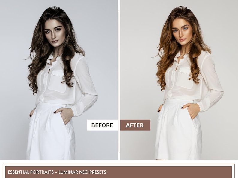 Op de afbeelding: Voor- en nafoto van een vrouw die een wit blouse en rok draagt. De foto van ervoor toont de vrouw met een meer natuurlijke look, terwijl de foto van daarna de vrouw met een meer gepolijste look toont. De foto is een demonstratie van een fotobewerkingspreset.