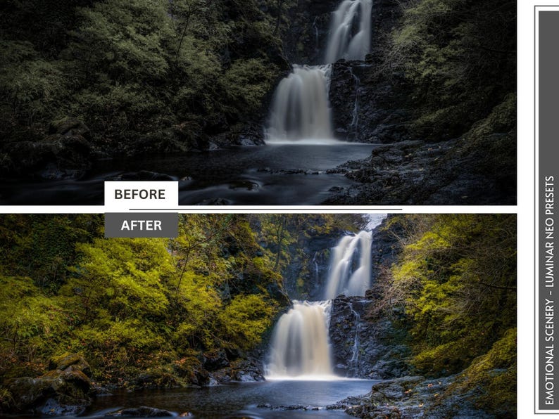 May include: A before-and-after image of a waterfall in a forest. The top image is darker, labeled "BEFORE." The bottom image, labeled "AFTER," shows a brighter, more vibrant scene with lush green foliage and a flowing waterfall. Text on the right side reads "EMOTIONAL SCENERY - LUMINAR NEO PRESETS."