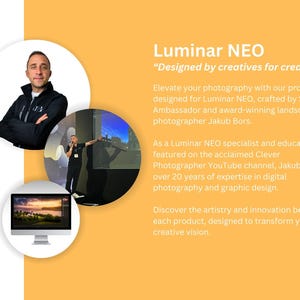 Puede incluir: Un hombre con una chaqueta negra y una camisa blanca est&aacute; de pie frente a una pantalla de computadora. La pantalla muestra una foto de paisaje. El texto en la pantalla dice "Luminar NEO" y "Dise&ntilde;ado por creativos para creativos".