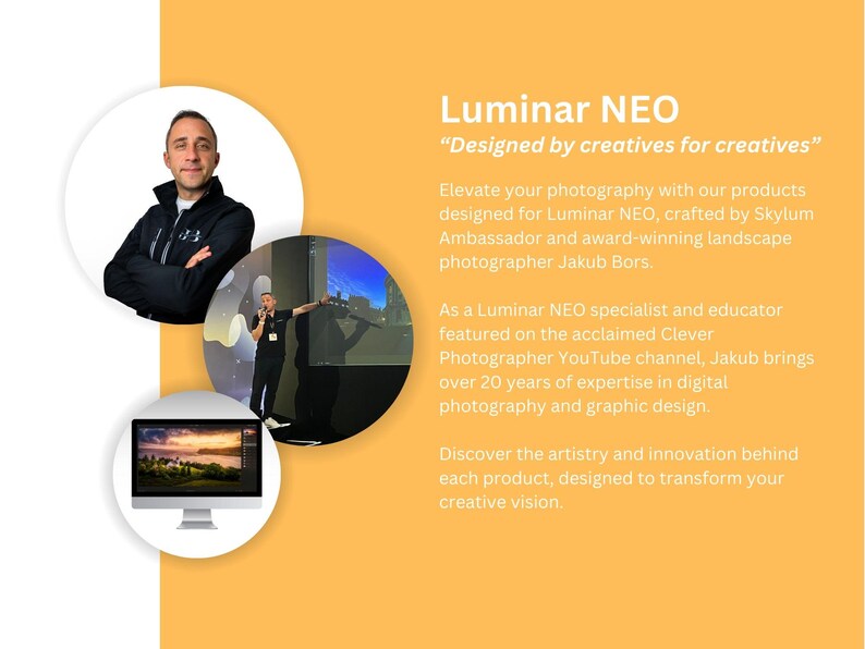 Puede incluir: Un hombre con una chaqueta negra y una camisa blanca est&aacute; de pie frente a una pantalla de computadora. La pantalla muestra una foto de paisaje. El texto en la pantalla dice "Luminar NEO" y "Dise&ntilde;ado por creativos para creativos".