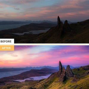Puede incluir: Imagen antes y despu&eacute;s que muestra la diferencia entre una foto con un cielo apagado y una foto con un cielo de puesta de sol rosa y morado vibrante. La foto presenta una cordillera rocosa con una formaci&oacute;n rocosa alta y delgada en el centro.