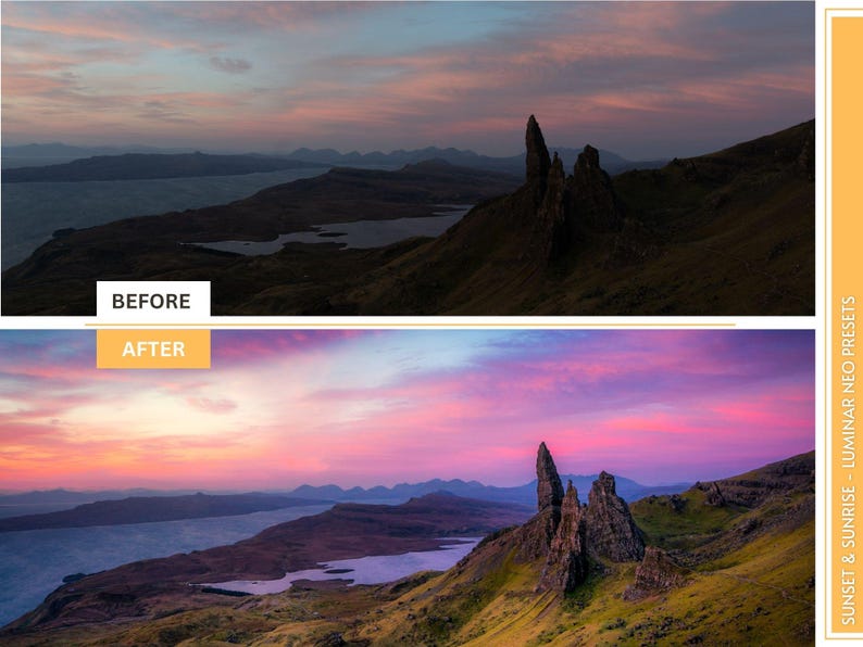 Puede incluir: Imagen antes y despu&eacute;s que muestra la diferencia entre una foto con un cielo apagado y una foto con un cielo de puesta de sol rosa y morado vibrante. La foto presenta una cordillera rocosa con una formaci&oacute;n rocosa alta y delgada en el centro.