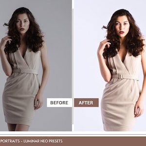 Op de afbeelding: Voor- en nafoto van een vrouw in een beige jurk. De foto links toont de originele afbeelding, terwijl de foto rechts de afbeelding na bewerking toont. De tekst "VOOR" en "NA" wordt onder de afbeeldingen weergegeven.