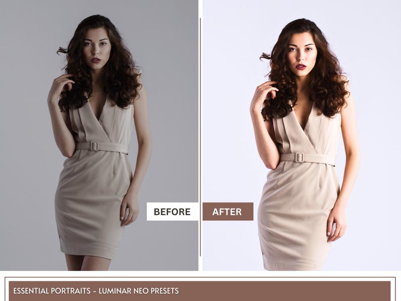 Op de afbeelding: Voor- en nafoto van een vrouw in een beige jurk. De foto links toont de originele afbeelding, terwijl de foto rechts de afbeelding na bewerking toont. De tekst "VOOR" en "NA" wordt onder de afbeeldingen weergegeven.