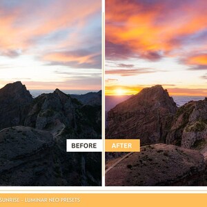 Puede incluir: Imagen antes y despu&eacute;s que muestra una cordillera al atardecer. La imagen anterior es oscura y la imagen posterior tiene un brillo c&aacute;lido y naranja.