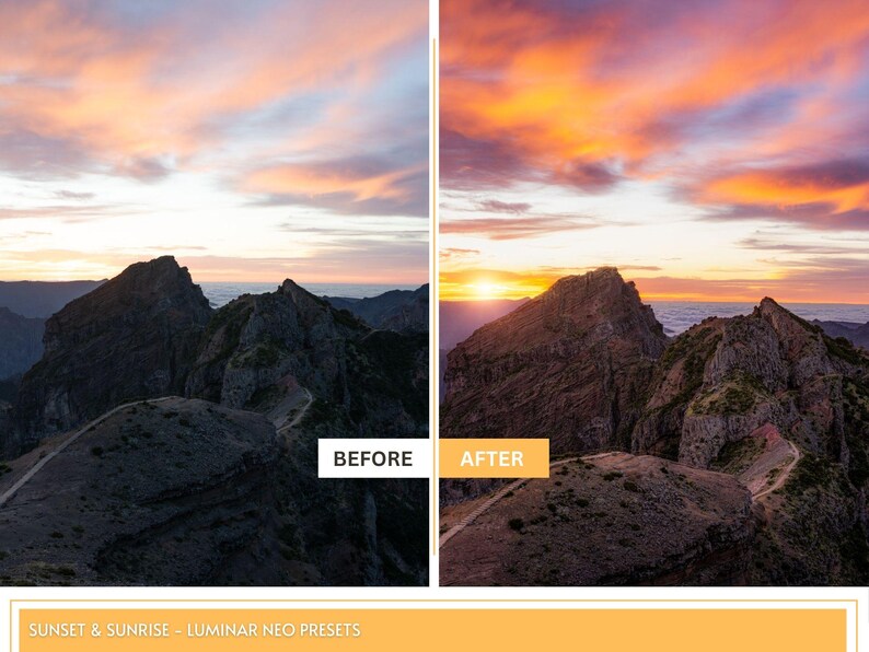 Puede incluir: Imagen antes y despu&eacute;s que muestra una cordillera al atardecer. La imagen anterior es oscura y la imagen posterior tiene un brillo c&aacute;lido y naranja.