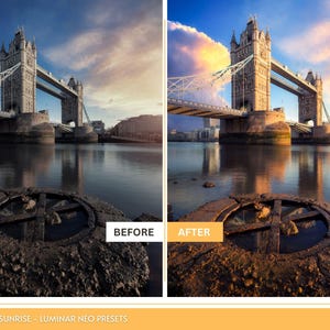 Puede incluir: Una imagen de antes y despu&eacute;s que muestra el Puente de la Torre en Londres, Inglaterra. La imagen de antes muestra un cielo nublado con una paleta de colores apagados. La imagen de despu&eacute;s muestra una puesta de sol vibrante con colores c&aacute;lidos. La imagen muestra el efecto de un preajuste de edici&oacute;n de fotos.