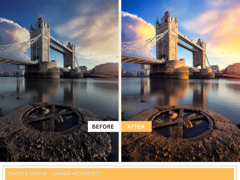 Puede incluir: Una imagen de antes y despu&eacute;s que muestra el Puente de la Torre en Londres, Inglaterra. La imagen de antes muestra un cielo nublado con una paleta de colores apagados. La imagen de despu&eacute;s muestra una puesta de sol vibrante con colores c&aacute;lidos. La imagen muestra el efecto de un preajuste de edici&oacute;n de fotos.