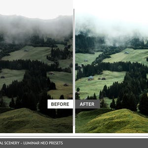 May include: A split image showcasing a before-and-after comparison of a landscape photo. The scene features rolling green hills, dark evergreen forests, and small buildings, all shrouded in a misty atmosphere. The text "BEFORE" and "AFTER" are visible.