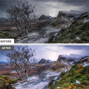 May include: A landscape image showcasing a before-and-after comparison of a scenic view. The top image displays a muted, desaturated scene, while the bottom image reveals a vibrant, enhanced version of the same landscape. The text "BEFORE" and "AFTER" are visible.
