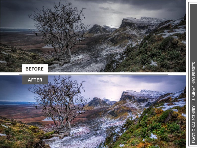 May include: A landscape image showcasing a before-and-after comparison of a scenic view. The top image displays a muted, desaturated scene, while the bottom image reveals a vibrant, enhanced version of the same landscape. The text "BEFORE" and "AFTER" are visible.