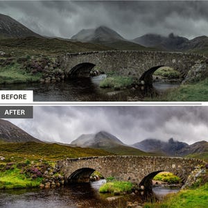 May include: A before-and-after image of a stone bridge over a river in a mountainous landscape. The top image is darker and more muted, while the bottom image is brighter and more vibrant. The text "BEFORE" and "AFTER" are visible.