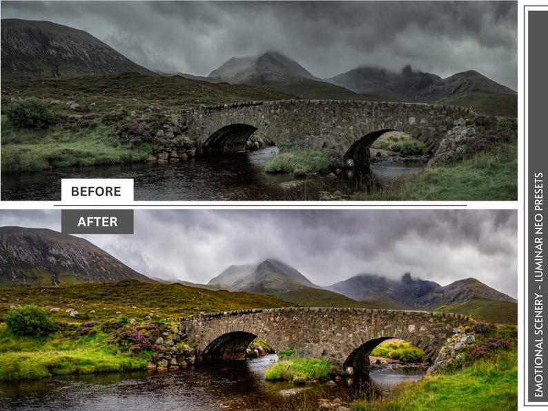 May include: A before-and-after image of a stone bridge over a river in a mountainous landscape. The top image is darker and more muted, while the bottom image is brighter and more vibrant. The text "BEFORE" and "AFTER" are visible.