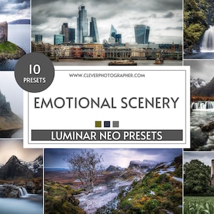 May include: A collection of landscape photographs showcasing diverse scenery. The images include a castle on an island, cityscapes, waterfalls, and mountain ranges. The text "EMOTIONAL SCENERY" and "LUMINAR NEO PRESETS" are displayed.